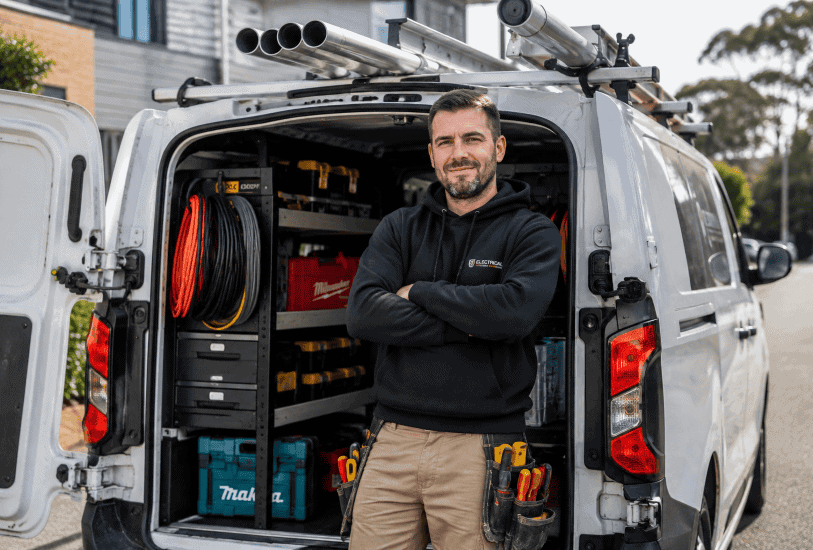 TradieCams Electrician Beside Organised Work Van TradieCams Electrician Beside Organised Work Van